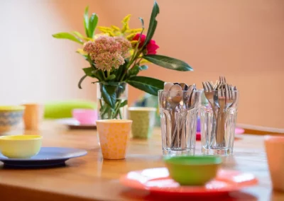 Gedeckter Tisch mit bunten Tellern und Bechern, Besteck in Gläsern und einem Glas mit Gartenblumen